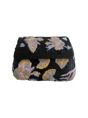 Serpui Marie Black Wicker Floral Embroidery Clutch Bag With Detachable Chain